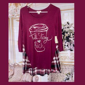 NWT Tru Self Long Sleeve Plaid Coffee Graphic Tunic Shirt Dress Loungewear
